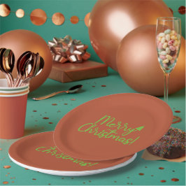 Prato De Papel Simples texto Verde Feliz Natal em Marrom-Avermelh