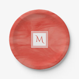 Prato De Papel Simples Vermelho Laranja Sutil Marble Monograma Mo