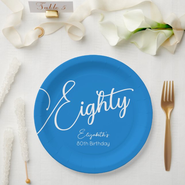 Prato De Papel Simplesmente moderna Festa de aniversário 80 Azul  (Casamento)