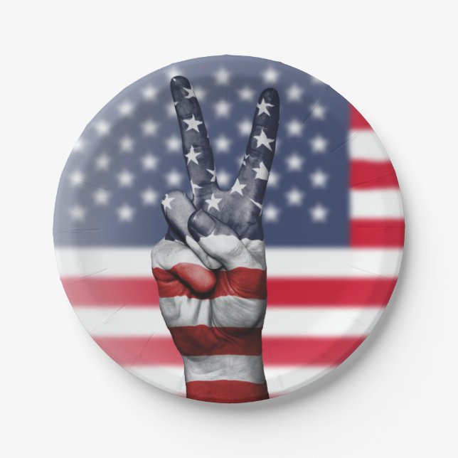 Prato De Papel Sinal De Mão De Paz Com Bandeira Dos Eua (Frente)