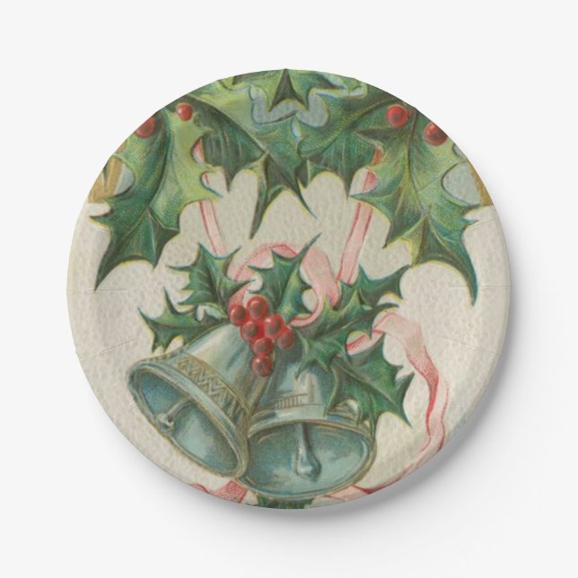 Prato De Papel Sinos de Natal nostálgicos e Holly (Frente)