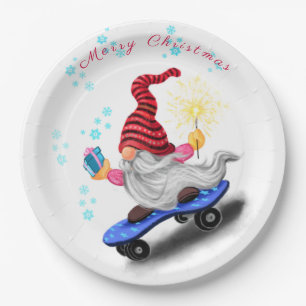 Prato De Papel Skater Gnomo com presentes e faíscas - Natal