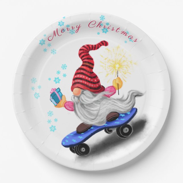 Prato De Papel Skater Gnomo com presentes e faíscas - Natal (Frente)