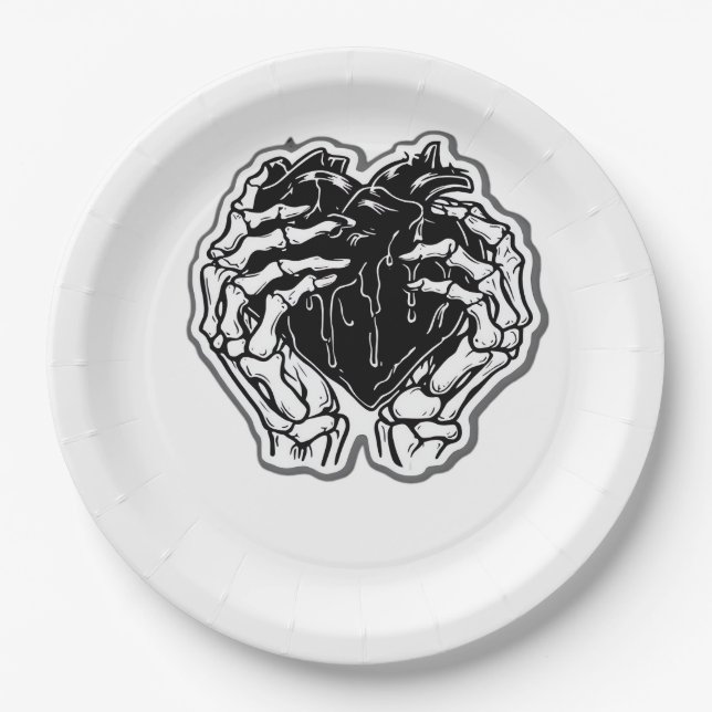 Prato De Papel Skeleton Heart Mãos Engraçadas (Frente)
