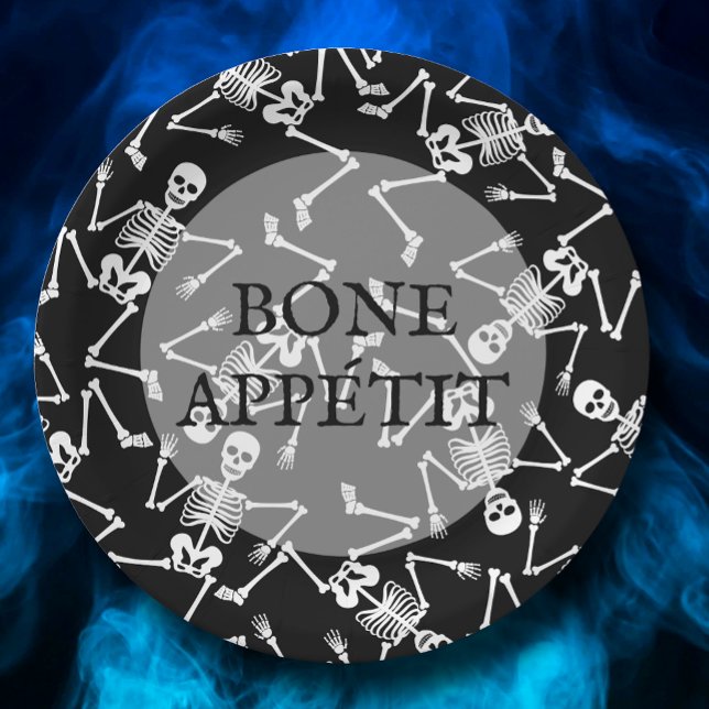 Prato De Papel Skeletons Festa de Halloween Preto (Criador carregado)