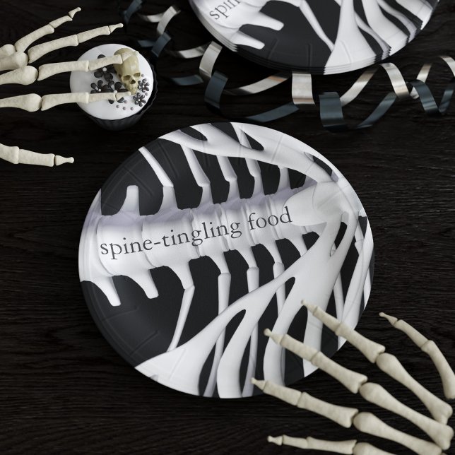 Prato De Papel Skelson Bones Spine Black White Halloween Party (Criador carregado)