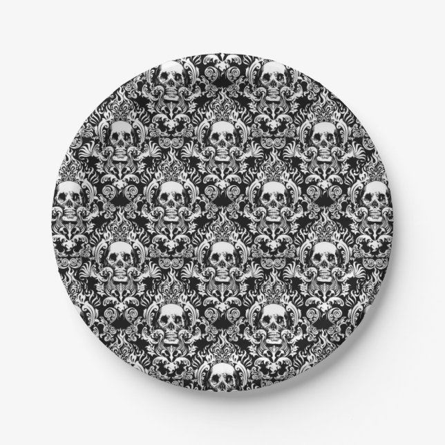 Prato De Papel Skull Damask Dinner Plate (Frente)