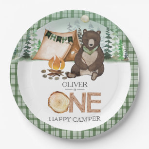 Prato De Papel S'more Camping Bear ONE Happy Camper primeiro aniv