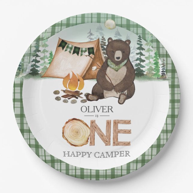 Prato De Papel S'more Camping Bear ONE Happy Camper primeiro aniv (Frente)