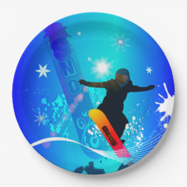 Prato De Papel Snowboarding, snowboarder com o conselho no backg