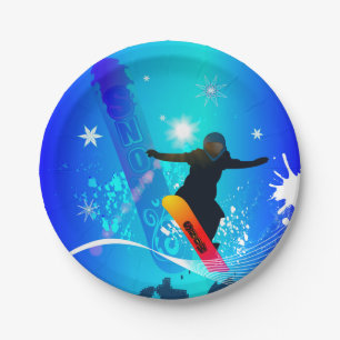 Prato De Papel Snowboarding, snowboarder com o conselho no backg