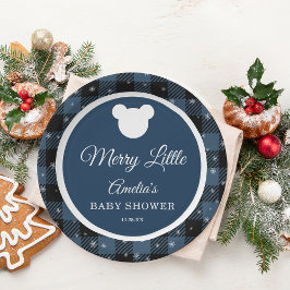 Prato De Papel Snowflake Winter Blue Plaid Baby Shower