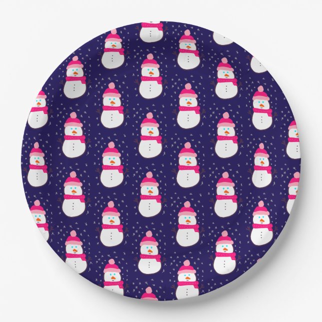 Prato De Papel Snowman Rosa com Neve Flurry (Frente)