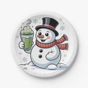 Prato De Papel Snowman Segurando Matcha Beba Natal