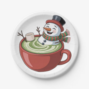 Prato De Papel Snowman sobre Matcha Bathub Feliz Natal