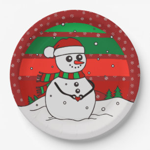 Prato De Papel Snowman Vintage Rainbow Snowflakes Vermelho Verde