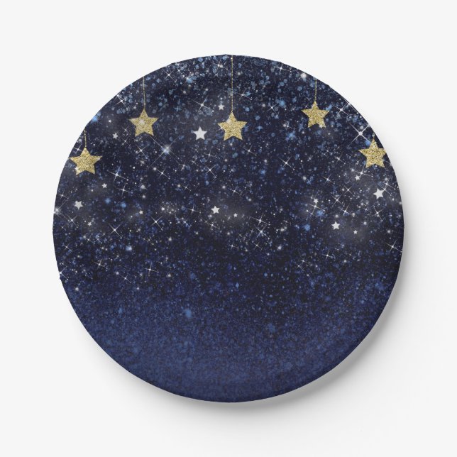 Prato De Papel Sob as Estrelas Noite Estrelada Dourado Azul Festa (Frente)