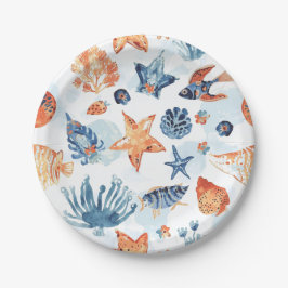 Prato De Papel Sob o Mar | Animais do Oceano de Coral em Aquarela