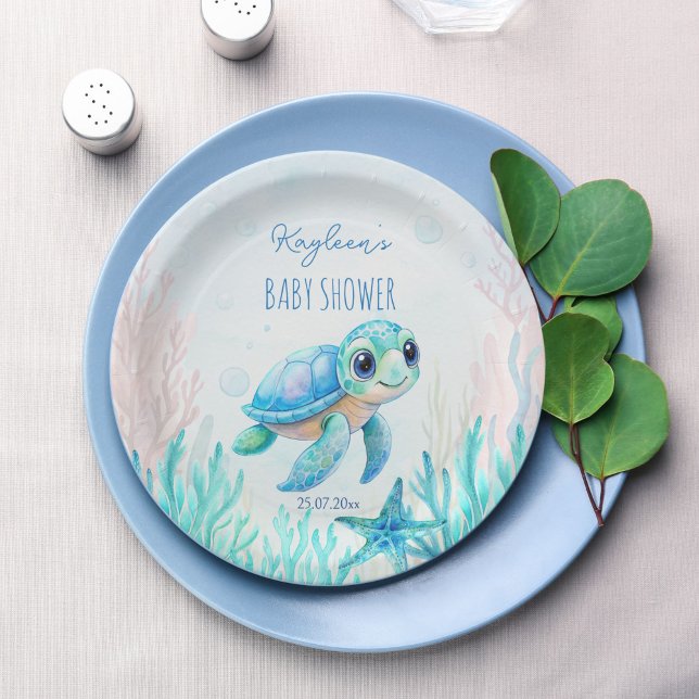 Prato De Papel Sob o mar, chá de fraldas azul aqua da tartaruga a (Under the sea cute baby sea turtle aqua blue boy baby shower printed paper plates personalized decor)