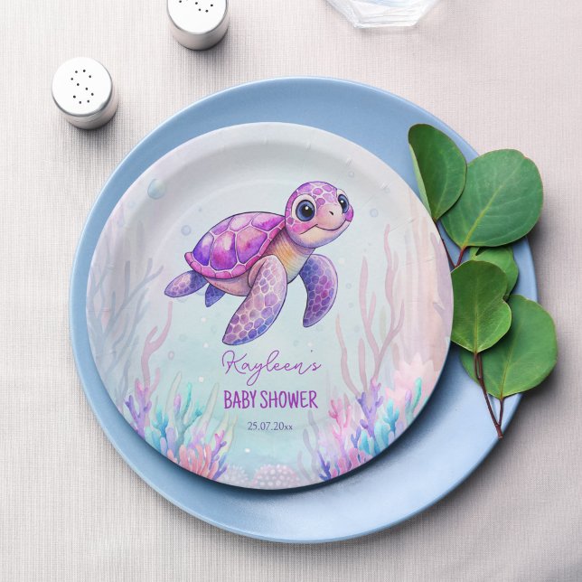 Prato De Papel Sob o mar, chá de fraldas rosa púrpura da tartarug (Under the sea cute turtle purple pink girls baby shower personalized paper plates table decor)