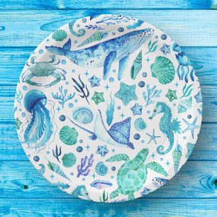 Prato De Papel Sob o Mar de Watercolor Blue Whale, água-vivas