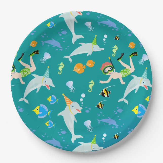 Prato De Papel Sob o mar golfinhos e festas de aniversário de gar (Frente)