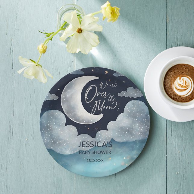 Prato De Papel Sobre o chá de fraldas da galáxia lua monograma (Over the moon galaxy baby shower monogrammed paper plates personalized table decor)