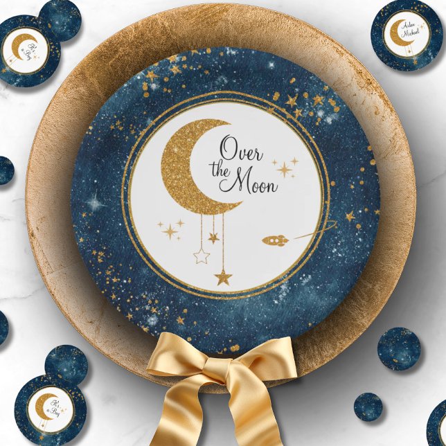 Prato De Papel Sobre O Chá de fraldas Da Gliteria Da Lua (Over The Moon Glittery Stars Baby Shower Paper Plates)