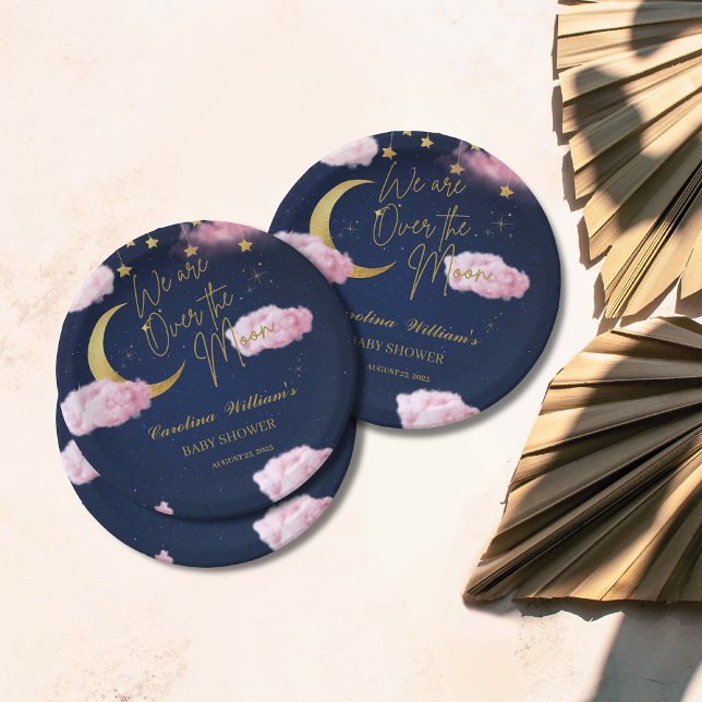 Prato De Papel Sobre o chá de fraldas rosa das estrelas da Lua (Criador carregado)