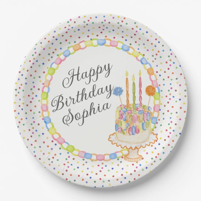 Prato De Papel Sobremesa de Aniversário Com Confetes (Frente)