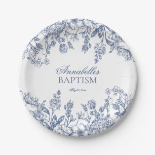 Prato De Papel Sobremesa de Batismo Floral Vintag Chinoiserie Azu