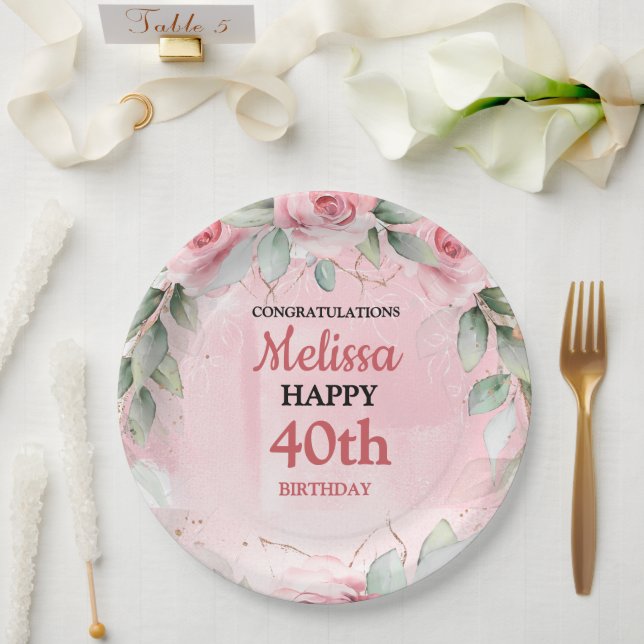 Prato De Papel Soft Pink & Sage Green Roses Any Year Birthday (Casamento)