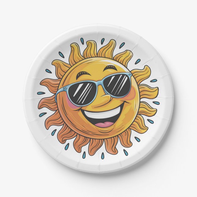 Prato De Papel Sol Amarelo Feliz com Óculos de Sol na Moda (Frente)