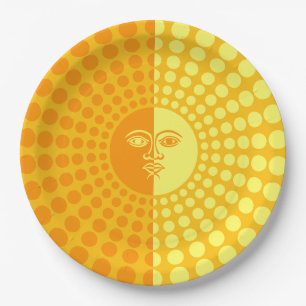 Prato De Papel Sol brilhante Amarelo e Laranja com rosto