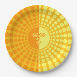 Prato De Papel Sol brilhante Amarelo e Laranja com rosto