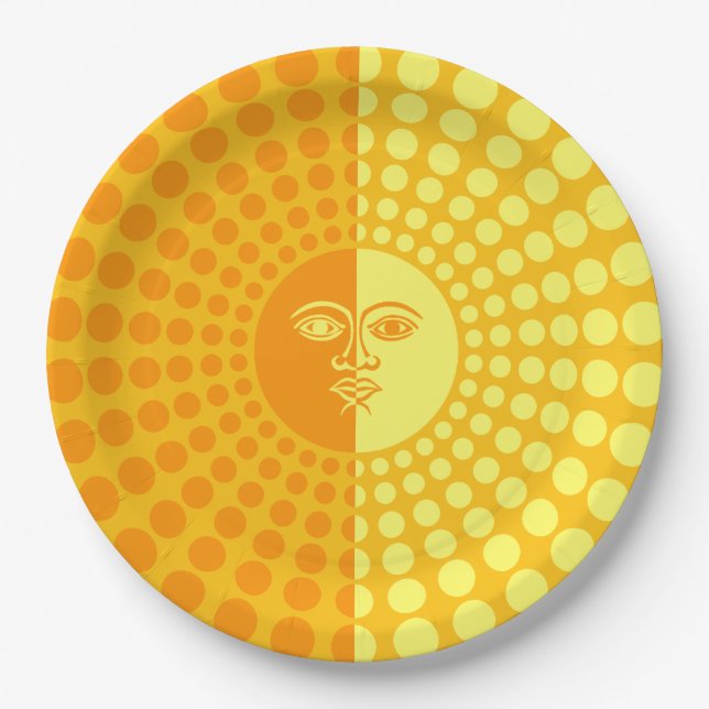 Prato De Papel Sol brilhante Amarelo e Laranja com rosto (Frente)