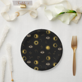 Prato De Papel Sol Celestial Dourado Negro e Lua