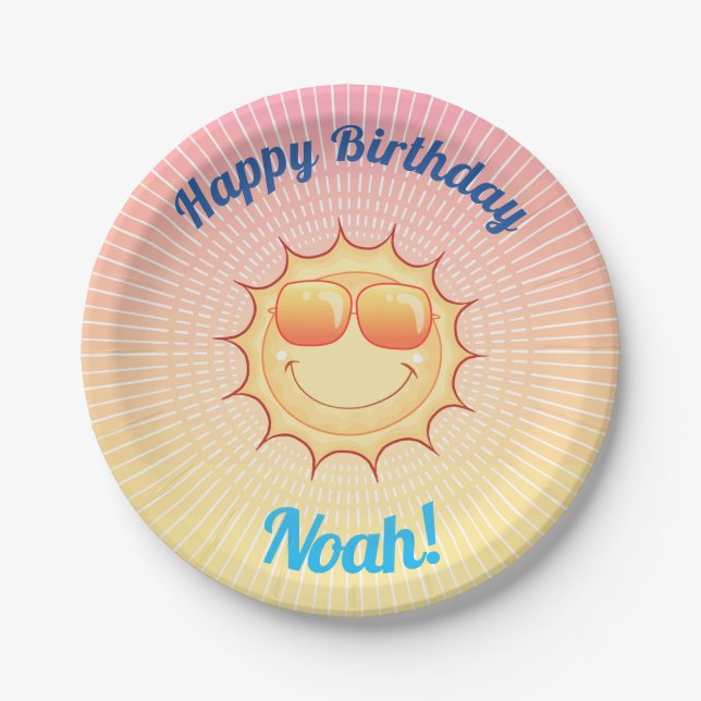 Prato De Papel Sol de aniversário personalizado com sombras (Frente)