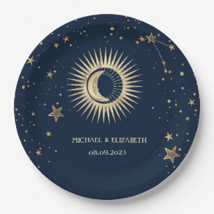 Prato De Papel Sol Dourado Celestial E Estrelas Da Lua