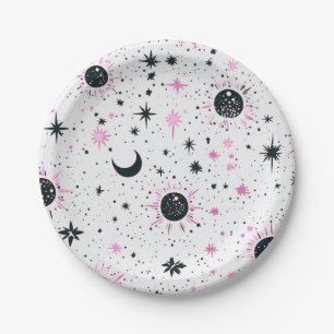 Prato De Papel Sol Lua Estrelas Celestiais Preto e Rosa