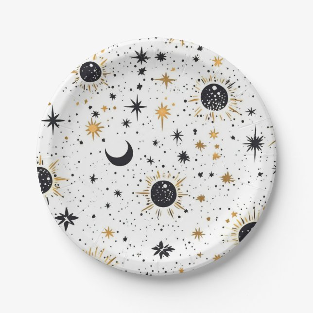 Prato De Papel Sol Lua Estrelas Preto e Dourado Celestial (Frente)