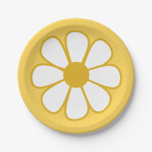 Prato De Papel Solteiro da flor da margarida retrô em amarelo-mo