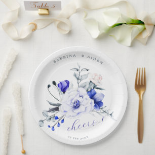 Prato De Papel Sombra de Casamento Floral Real Azul De Marfim