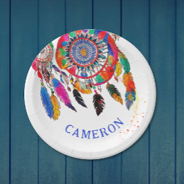 Prato De Papel Sonhador Colorido Boho Bday Pluma Aquarela