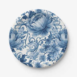 Prato De Papel Sonhos Azuis   Chinoiserie de Aquarela Floral Bran