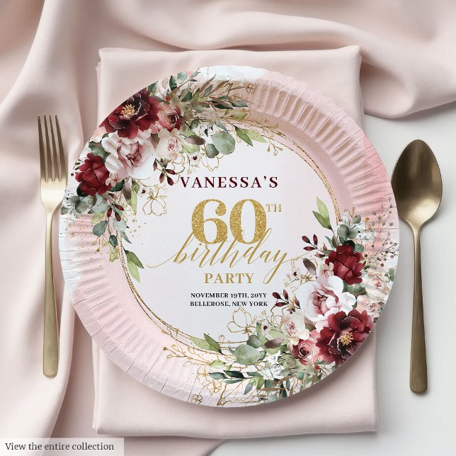 Prato De Papel Sophisticated Boho Burgundy Gold Roses 60 Birthday (Sophisticated Boho Burgundy Gold Roses 60 Birthday Paper Plates)