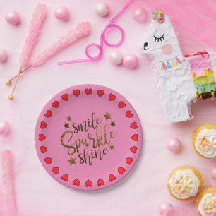 Prato De Papel Sorriso Rosa, Faísca, Corações Brilhantes