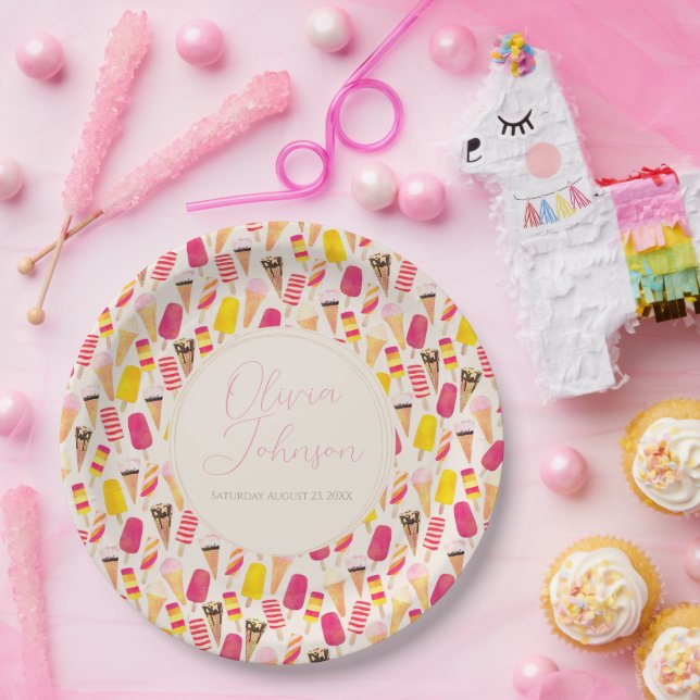 Prato De Papel Sorvete de Aquarela de Verão Doce (Festa)