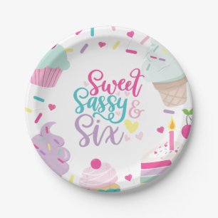 Prato De Papel Sorvete e Bolo Doce Sassy Seis 6 Aniversário