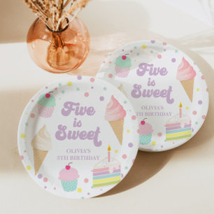Prato De Papel Sorvete e Bolo Five é Doce 5º Aniversário